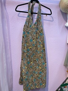 Fat Face Taupe Halter One-Piece with Teal & Yellow Print